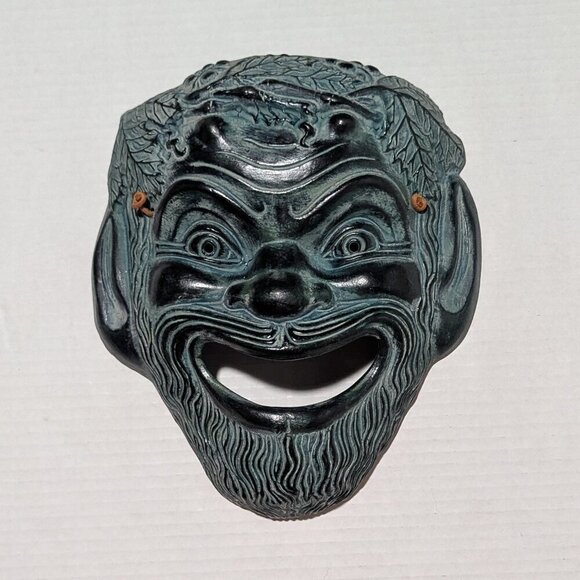 Greek Theatre Mask Satyros Comedy Ceramic Wall Decor Green Glazed - Picture 1 of 4